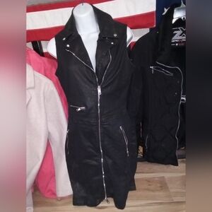 Black Leather Sleeveless Zipper Mini Biker Dress By Diesel